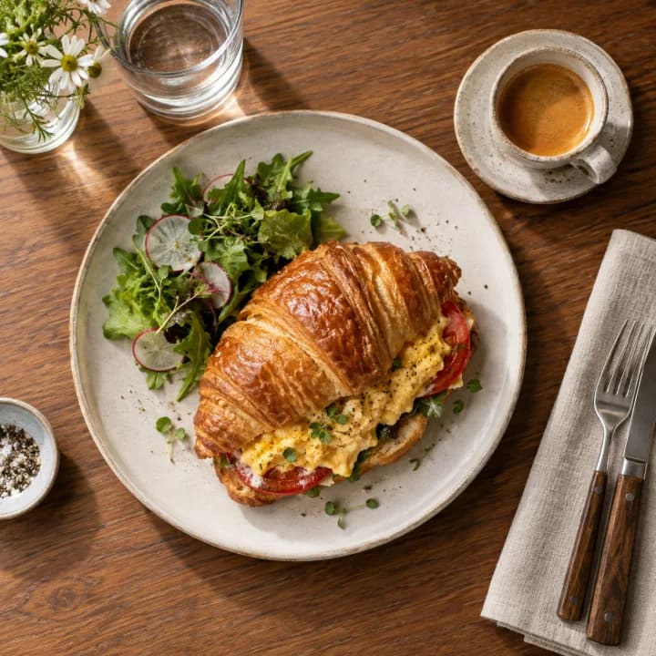 Sándwich en croissant y ensalada vistos desde arriba