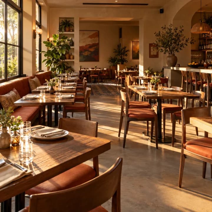 Interior de restaurante al atardecer