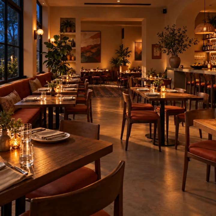 El mismo restaurante con luz cinematográfica de noche