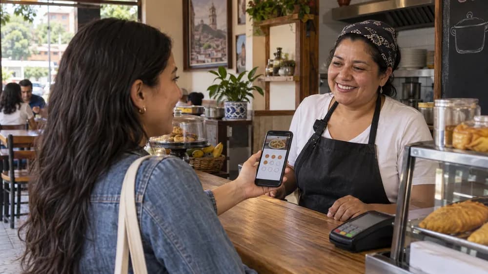 Dueña de restaurante revisando una tarjeta de lealtad digital y sus reglas de canje