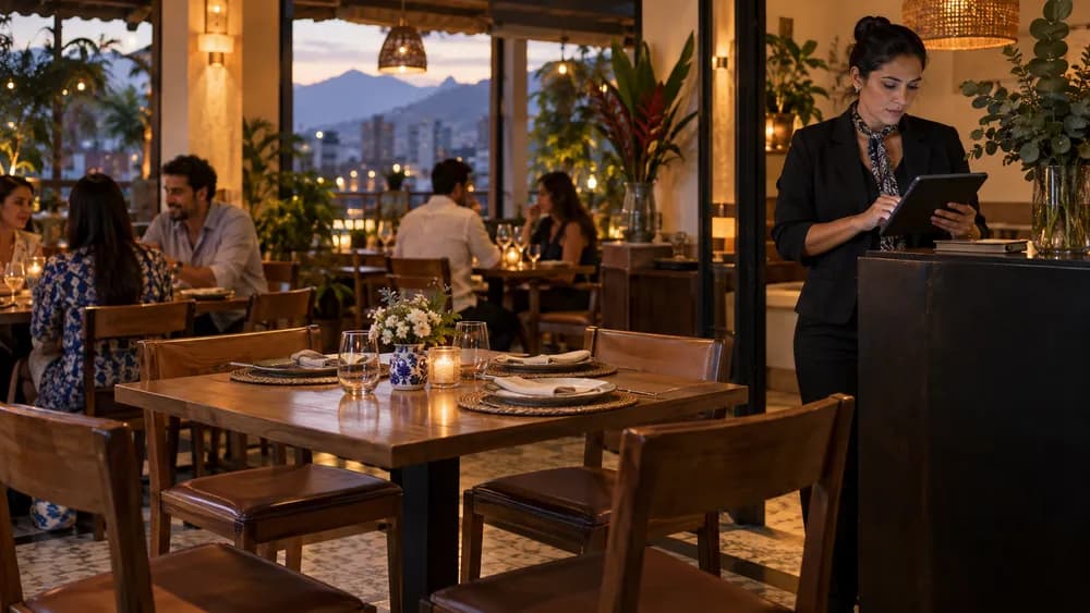 Mesa reservada vacía mientras una administradora revisa una cancelación en la agenda del restaurante