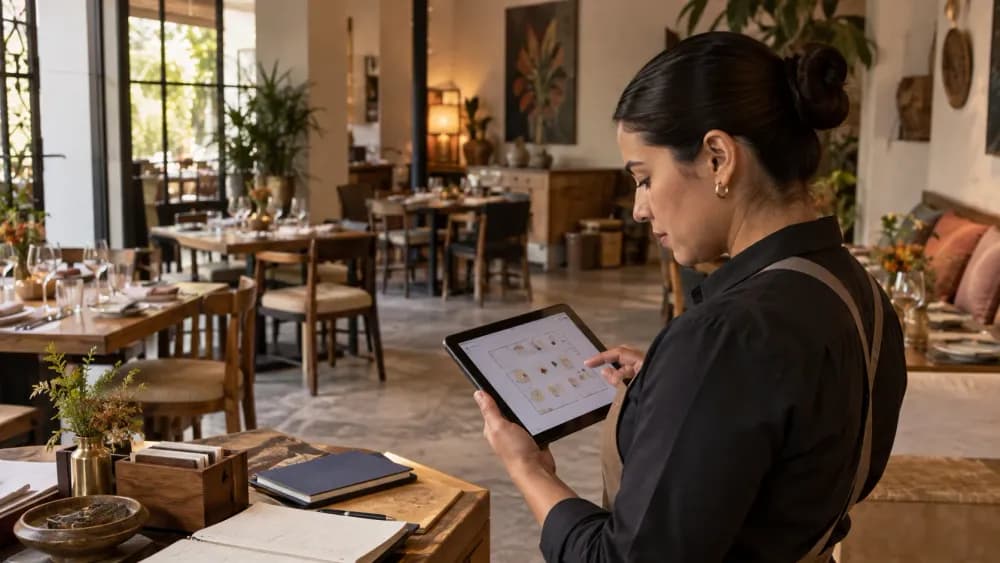 Administradora de un restaurante revisando en una tableta la distribución de zonas y mesas antes del servicio