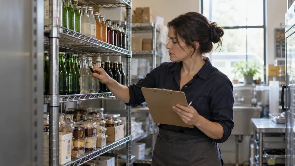Administradora de restaurante contando bebidas y postres empacados por unidad antes del servicio