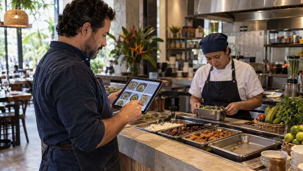 Dueño de restaurante revisando en una tableta qué platos siguen disponibles antes del servicio