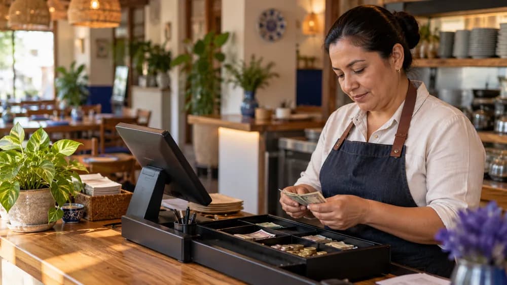 Encargada de restaurante contando el fondo inicial antes de abrir la caja