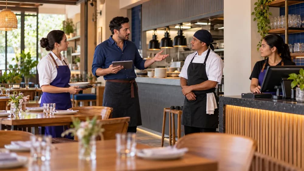 Gerente de restaurante organiza con su equipo las tareas de mesas, cocina y caja antes del servicio