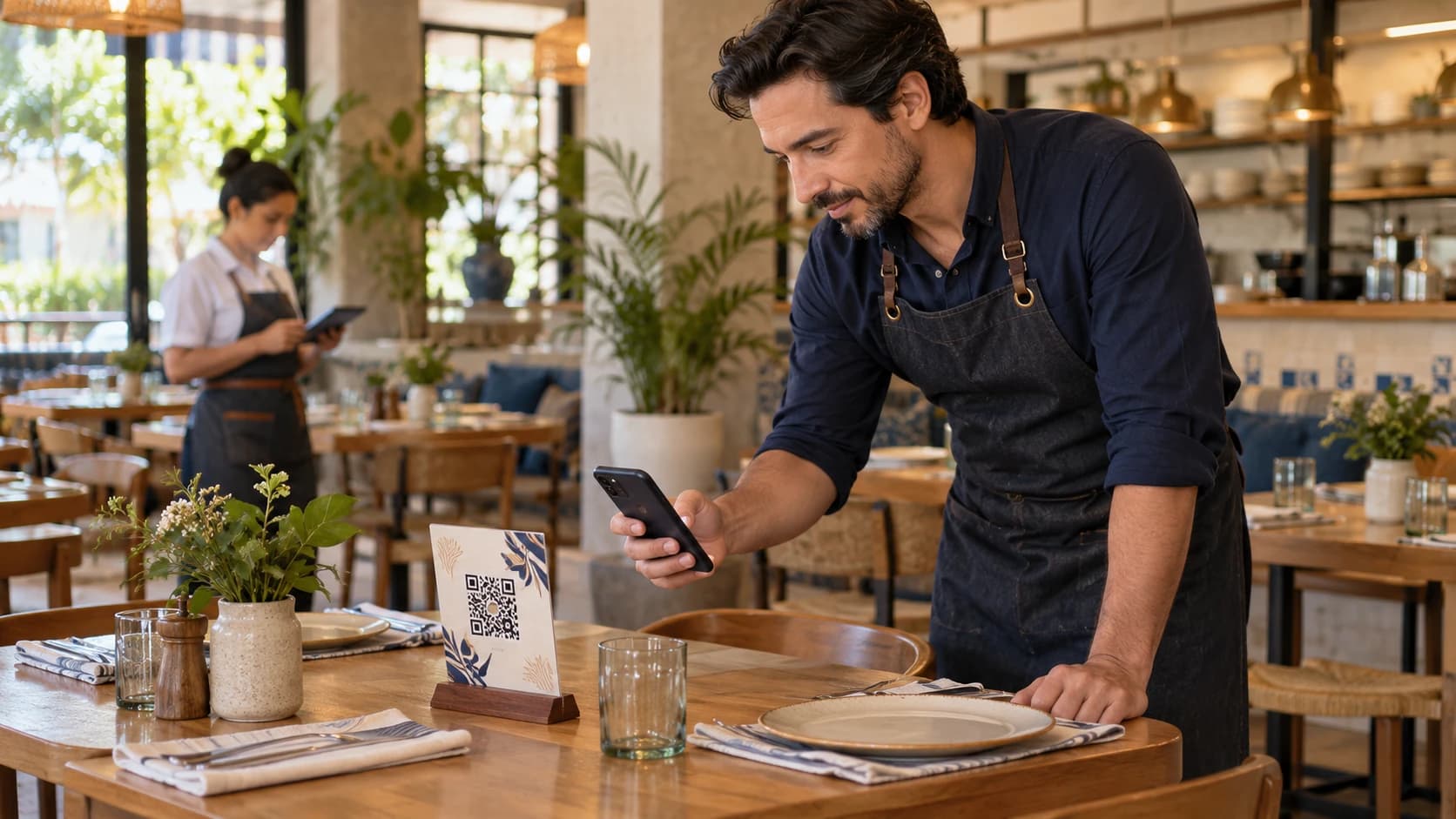 Encargado de restaurante probando con su celular un código QR impreso antes de abrir el servicio
