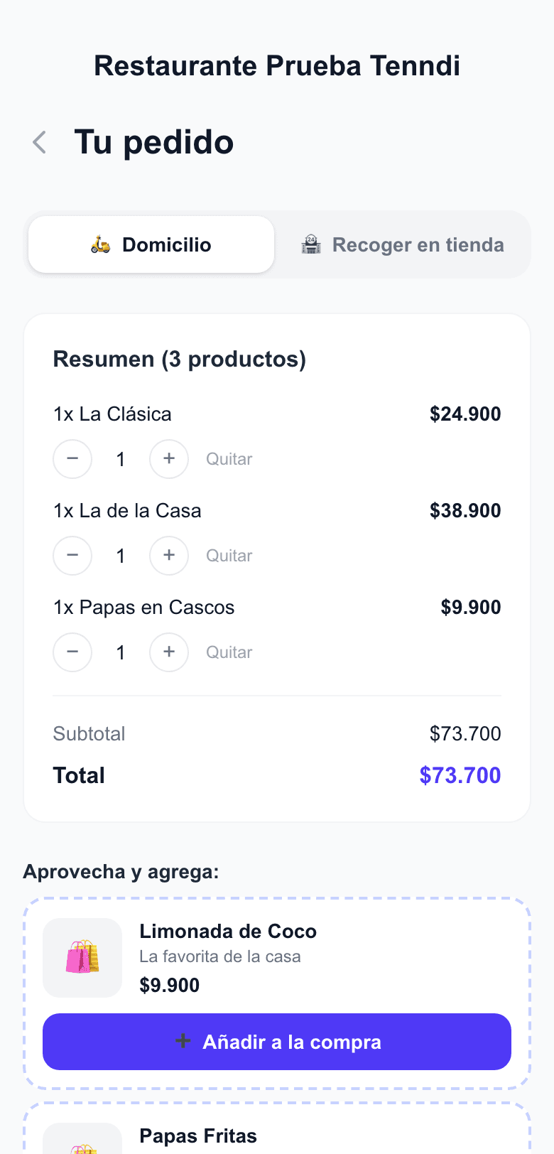 Pedido de prueba en Tenndi con productos y opciones antes de confirmar la compra